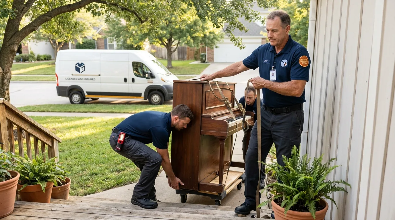 Licensed piano movers securing grand piano in Bassett, NE