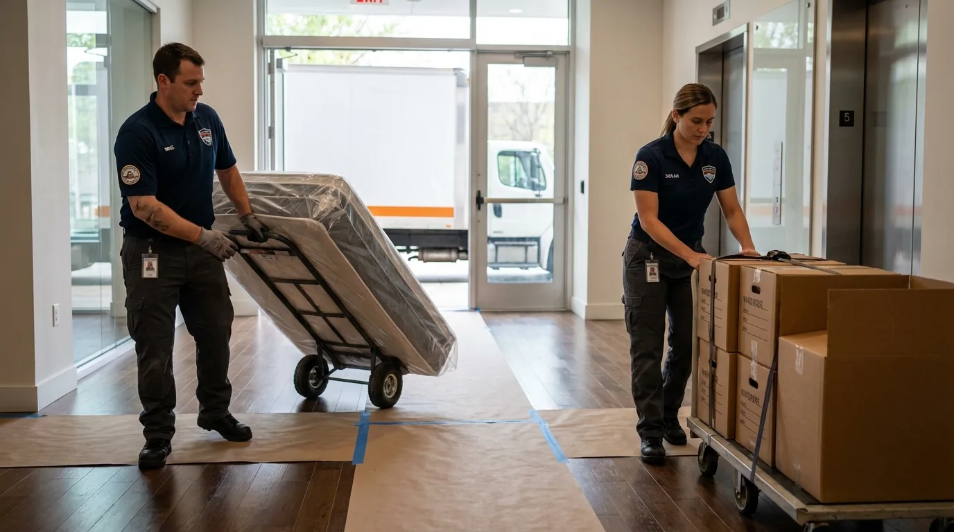 Professional apartment movers loading elevator in Bassett, NE