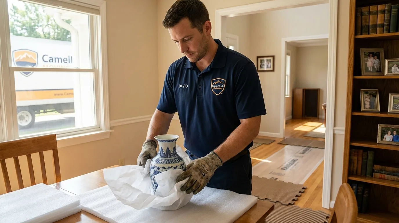 Professional crew carefully wrapping antique vase for senior downsizing move in Bassett, NE